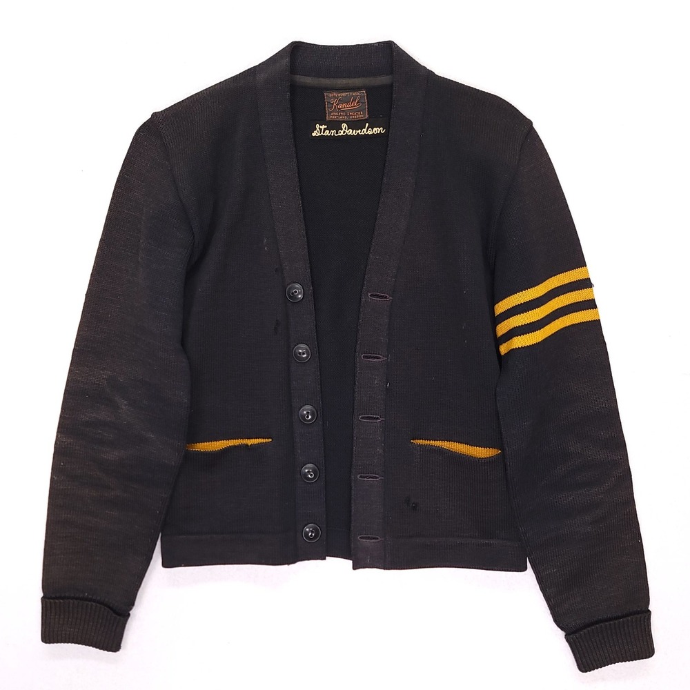 Vintage Kandel Athletic Sweater Worsted Wool Letterman Cardigan Black Yellow XSS